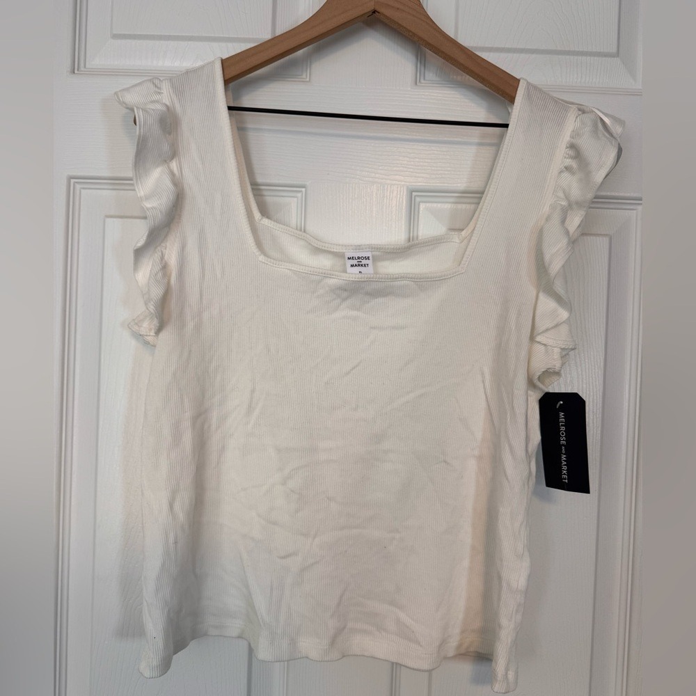 Melrose and Market White Ribbed Ruffle Tank‎ Top Summer Beach Blouse